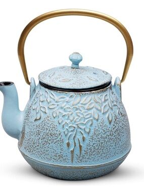 Blue Cast Iron Teapot with Gold Handle